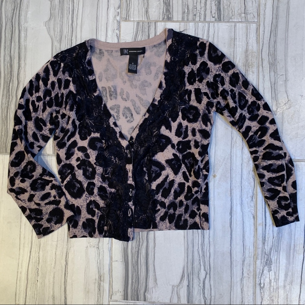 INC Cropped Leopard and Lace Cardigan